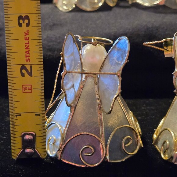 Set Of 4 Capiz shell Angel Figurines With Pearlescent Heads & Trumpets Gold Wire - Picture 5 of 5